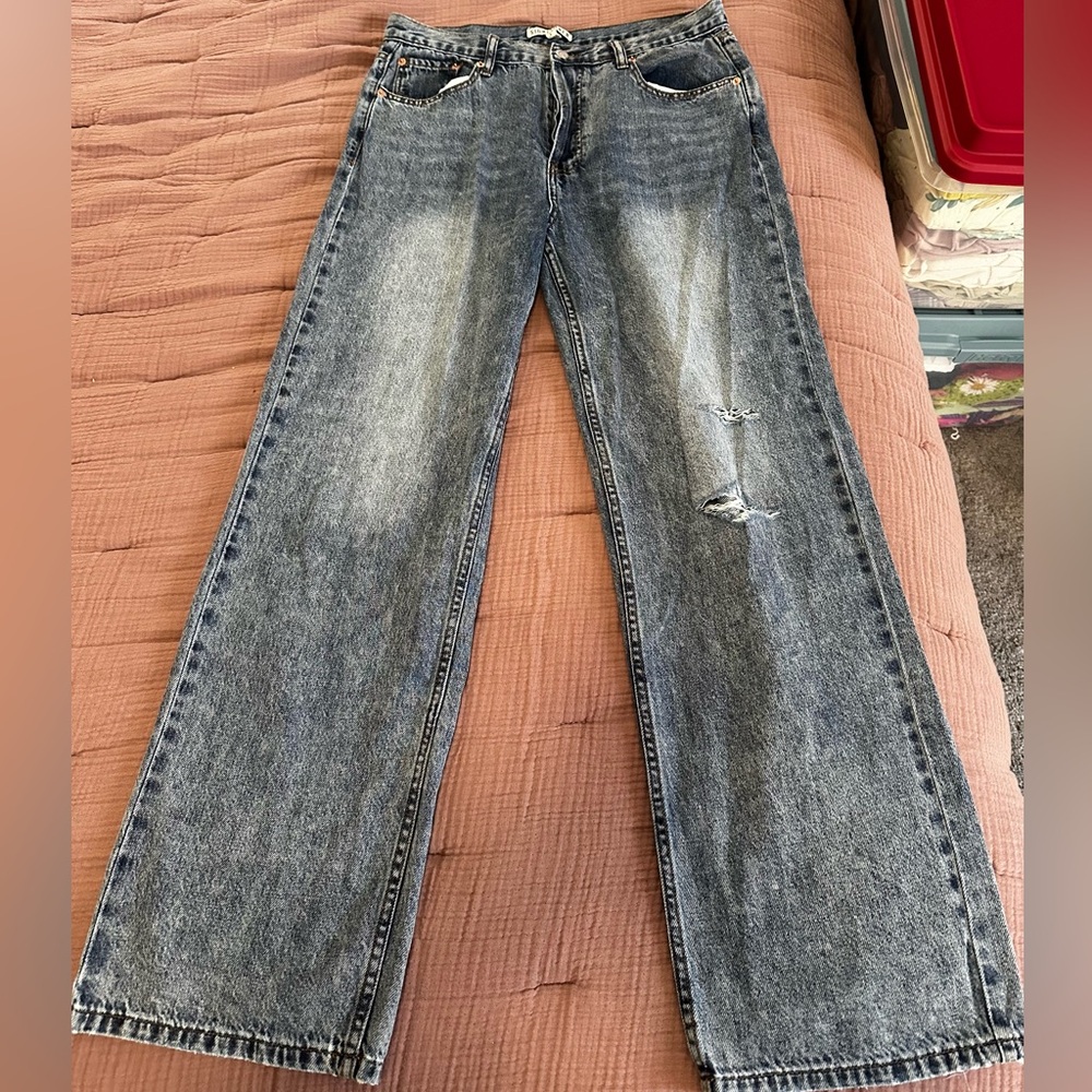 Signature 8 High Rise Wide Leg Button Fly Distressed Jeans Size L